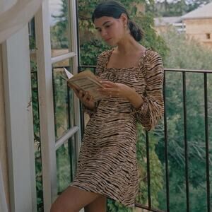 Faithfull the Brand Ira Wyldie Smocked Tiger Print Mini Dress 2 XS NWT $169